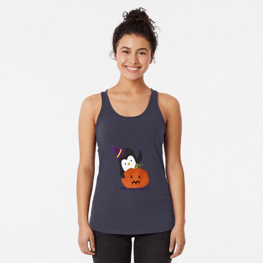 Penguin with Halloween Pumpkin Racerback Tank Top