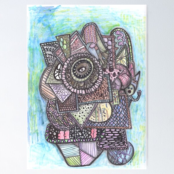 Aperçu de l'œuvre Dessin d'art populaire oeil et gnome, art abstrait surréaliste Doodle au crayon multicolore et stylos créée et vendue par OnaCreates.