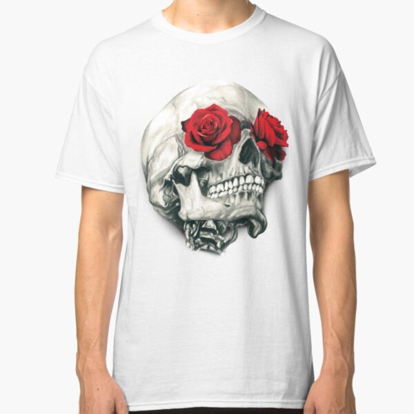 Floral Skull T-Shirt Flower Pattern Roses Vinatge Retro Hipster Top King Crown