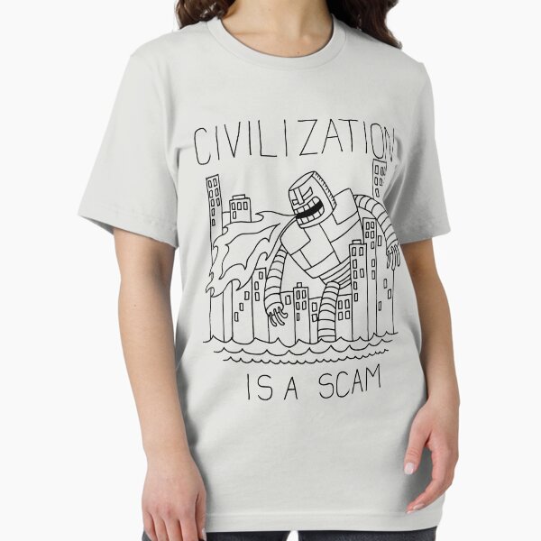 Vista previa del artículo con la obra «La civilización es una estafa (con robot)», diseñado y vendido por DiabolickalPLAN.