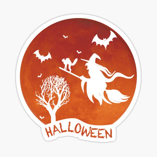 Halloween witch with cat on broomstick, bats and red moon Sticker