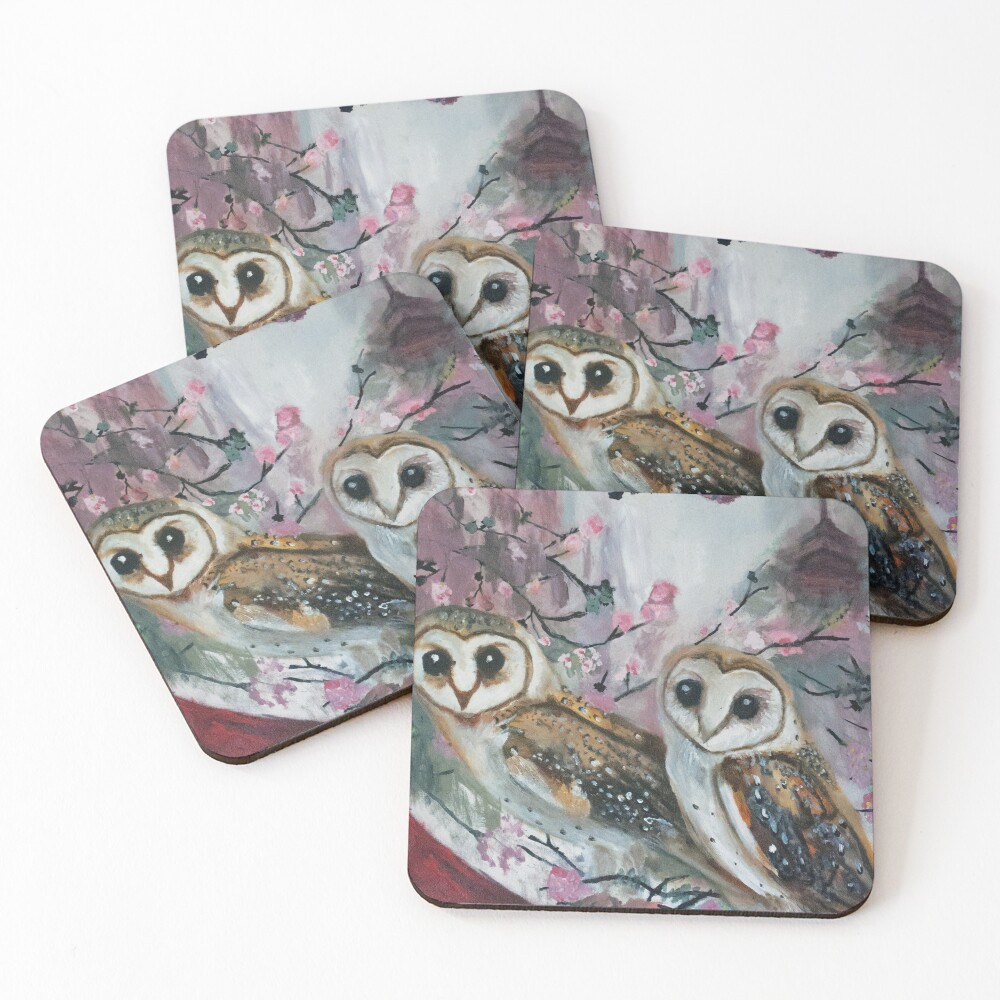 Barn Owls & Cherry Trees Coasters (Set of 4)