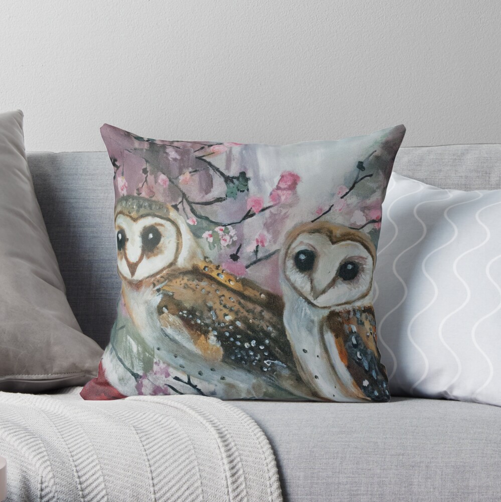 Barn Owls & Cherry Trees Throw Pillow