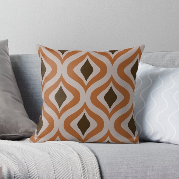 70s Pattern Flower Snake Pattern Eye in Orange and Dark Brown Throw Pillow