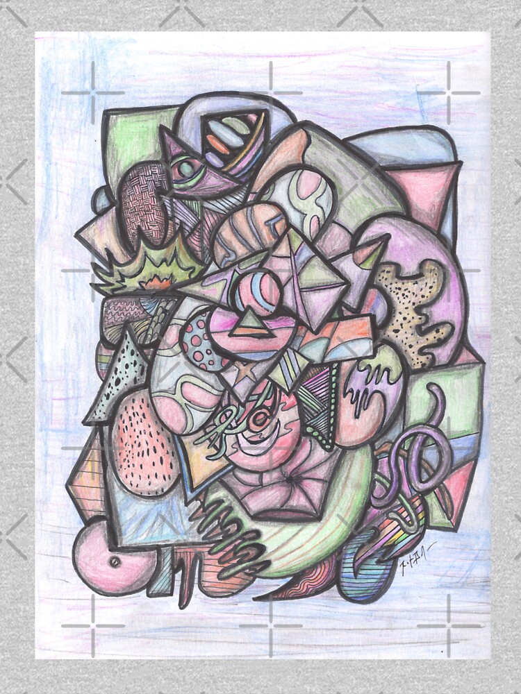 "Surrealist Doodle drawing with round shapes in pen and ink with