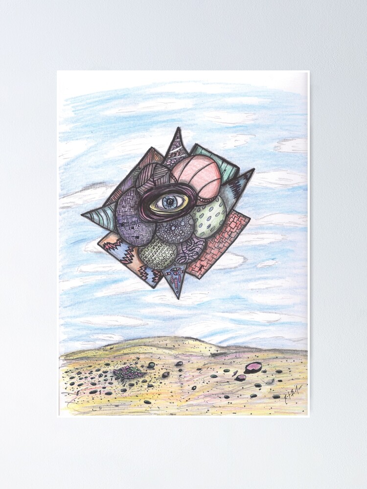 "Floating Eye in the Sky Surrealist Art in pen and ink with colored