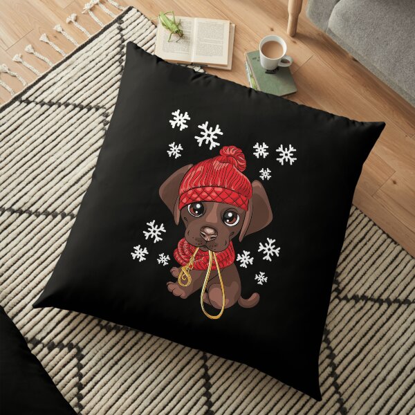 Winter Dachshund Dog with Snowflakes, Hat, Scarf Floor Pillow