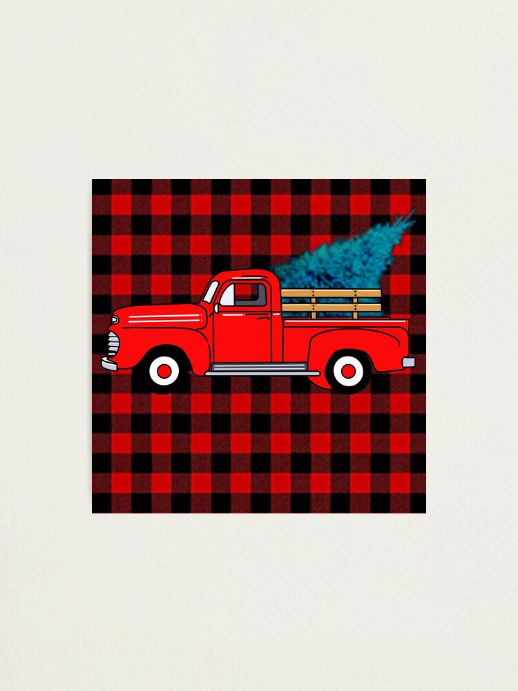 Vintage red pick-up truck drawing, red buffalo plaid pattern