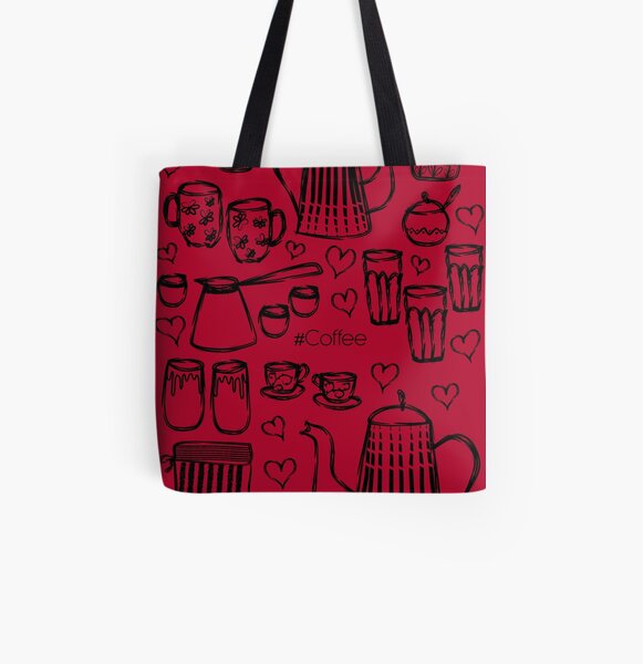 Red #Coffee Handdrawn Mugs and Pots line art All Over Print Tote Bag