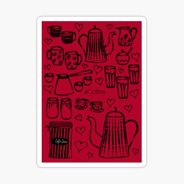 Red #Coffee Handdrawn Mugs and Pots line art Sticker