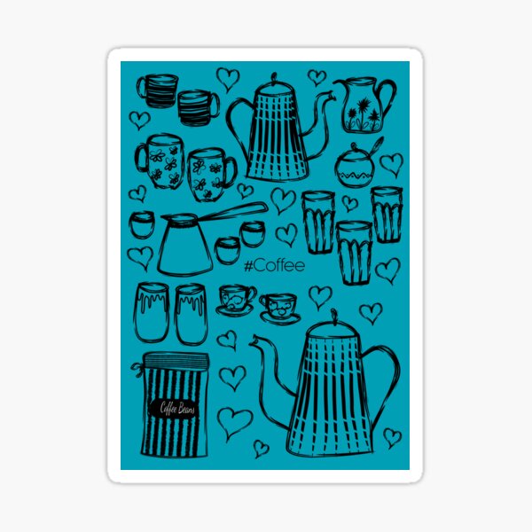 Turquoise #Coffee Handdrawn Mugs and Pots line art Sticker