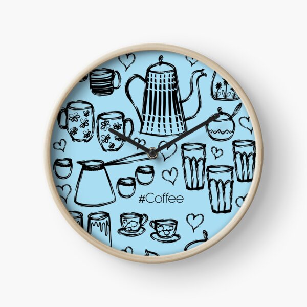 Soft Blue #Coffee Handdrawn Mugs and Pots line art Clock