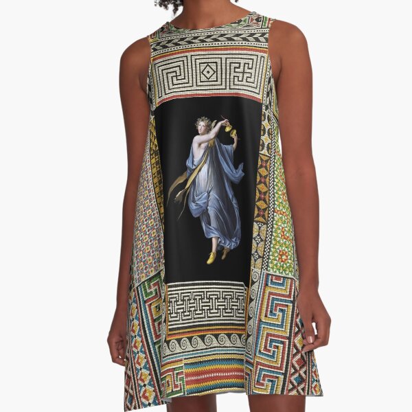 DANCING MAENAD WITH CYMBALS ,ANTIQUE ROMAN PAINTING WITH POMPEII MOSAICS PATCHWORK  A-Line Dress