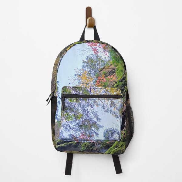 Item preview, Moss Rocks. Green mossy rocks with blue clear sky and fall red and green leaves on trees. designed and sold by milkasweet.