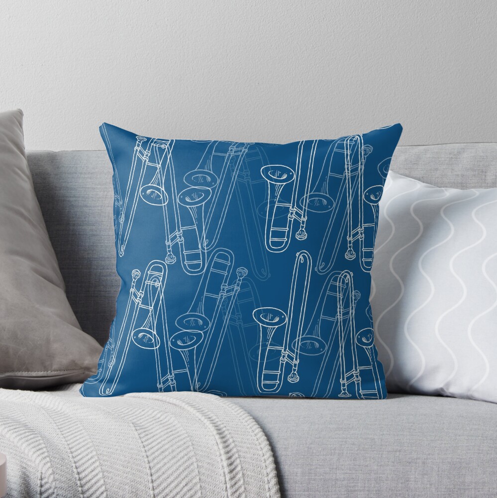 New Style Trombone Slide Into Madness! Musical Seamless Pattern Throw Pillow by Dave Cohen TP-6OXNSYM3