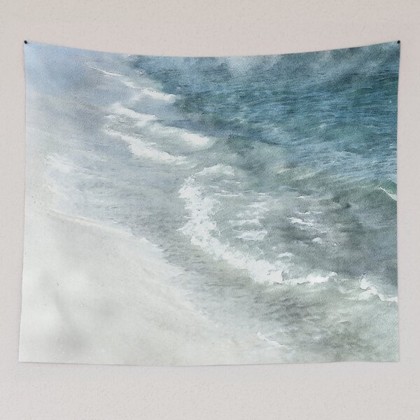 Item preview, White Sand Beach Watercolor in Twilight, Phantom, and Denim Blue with Ocean Waves designed and sold by SilverSpiral.