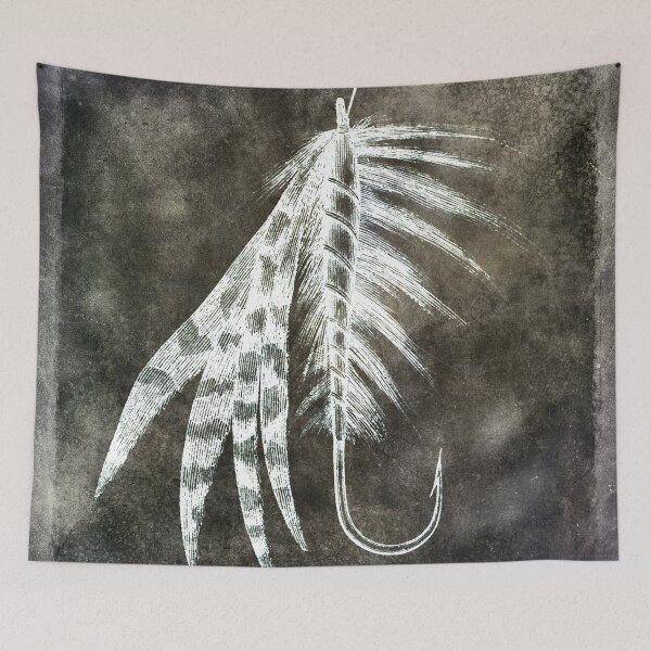 Item preview, Pesca con caña I - Anzuelo de pesca con mosca sobre bronce acuarela Collage designed and sold by SilverSpiral.
