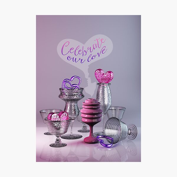 Celebrate Our Love Valentine Hearts Crystal Silver Glasses Photographic Print
