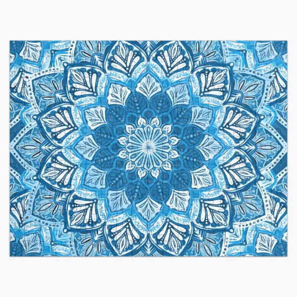 Boho Mandala in Monochrome Blue and White Jigsaw Puzzle
