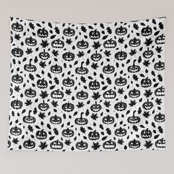 Item preview, pattern of pumpkin and leaf silhouettes on a white background. Halloween pattern designed and sold by Dustick.