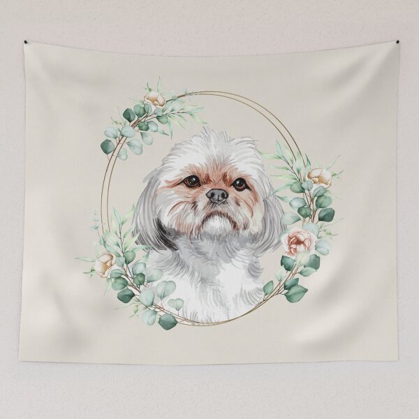Artikelvorschau, Shih-Poo-Hund in einem floralen Goldkranzrahmen entworfen und verkauft von Alicia Chee.