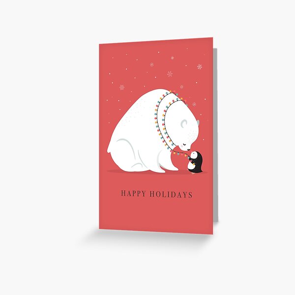 Polar Bear With Penguin Happy Holidays Christmas Wishes Greeting Card