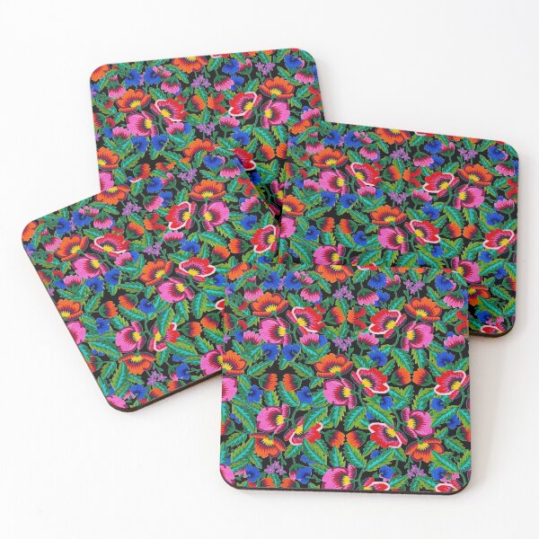 Item preview, Grandmommy Flowering Bouquet - Poppies Centaurea Violet - Green Leaves - Blossom - Satin Stitch Embroidery - Colorful on Black designed and sold by GrandTartaria.