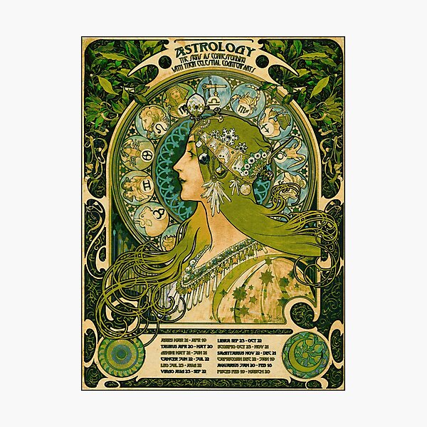 Emerald Green Vintage Astrology Poster | Alphonse Mucha Photographic Print
