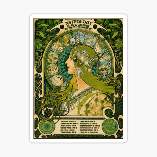 Emerald Green Vintage Astrology Poster | Alphonse Mucha Sticker