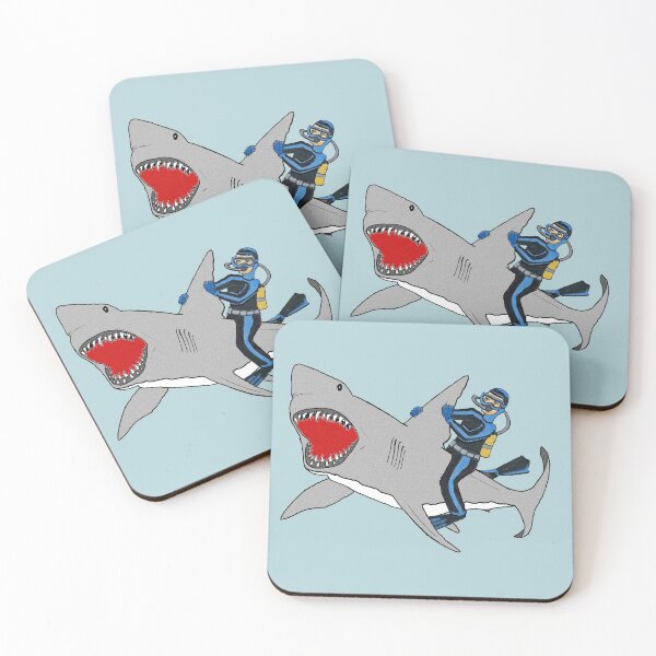 Item preview, Vintage Scuba Diving Diver Riding a Great White Shark designed and sold by urmaddad.