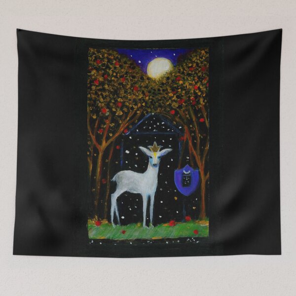 Item preview, White Deer in Apple Orchard designed and sold by The Mysterious Domain Alyne Whiteswan Fine Art Prints and Merch.