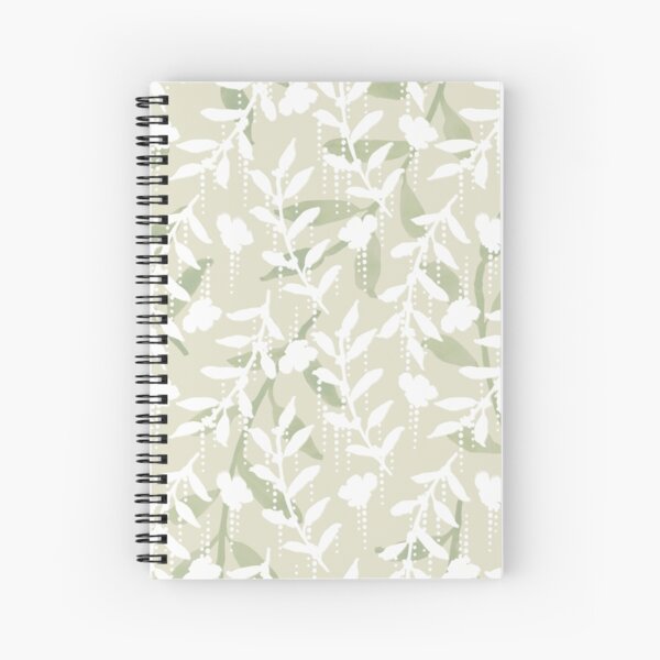 Green and White Watercolor Leaves and Flowers on Cream Spiral Notebook