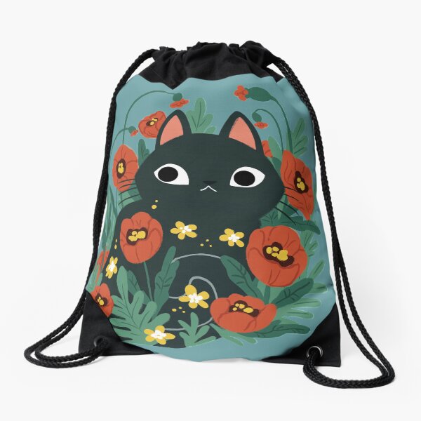 Cat in Poppy Flowers Drawstring Bag