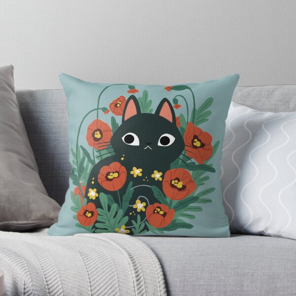Cat in Poppy Flowers Throw Pillow