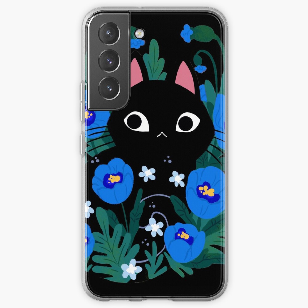 Blue Flower Black Cat Samsung Galaxy Phone Case