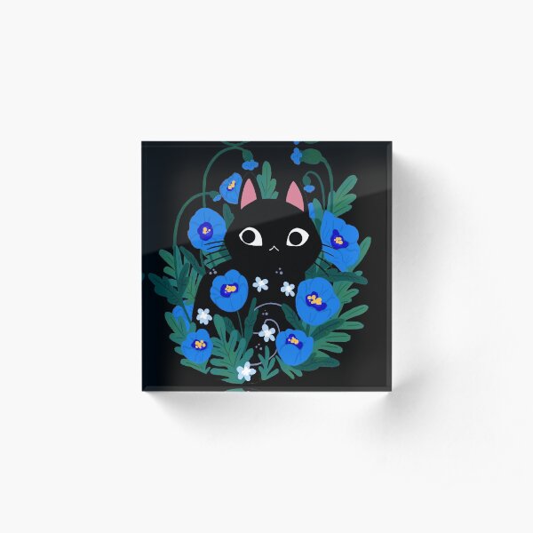 Chat Noir Fleur Bleue Bloc acrylique