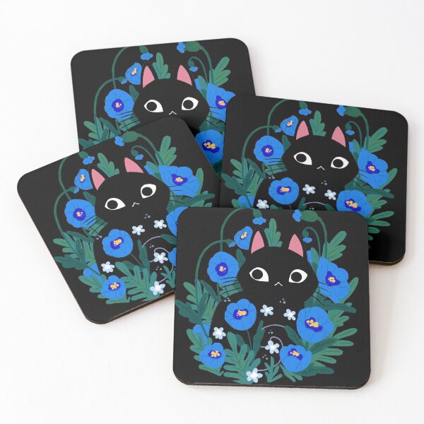 Blue Flower Black Cat Coasters (Set of 4)