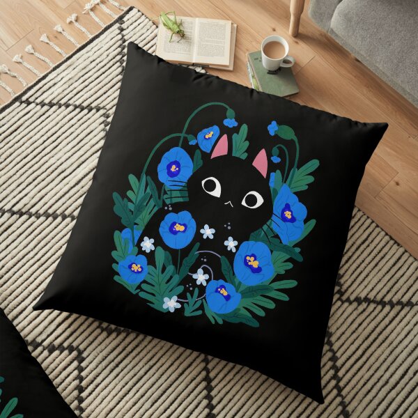 Blue Flower Black Cat Floor Pillow