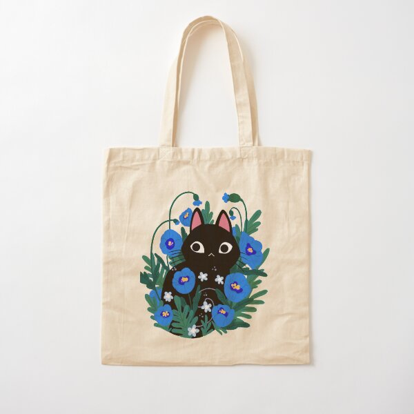 Blue Flower Black Cat Cotton Tote Bag