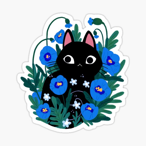 Blue Flower Black Cat Sticker