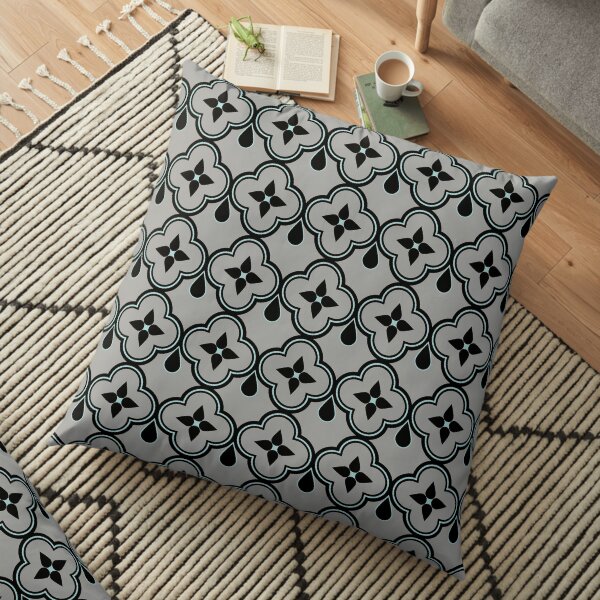 Black and Gray with Teal Moroccan Tile Print Floor Pillow
