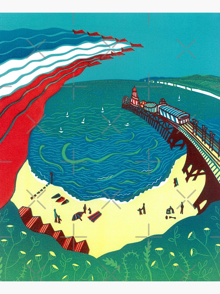Red Arrows, Bournemouth Beach - Original linocut by Francesca Whetnall by Cecca-Designs