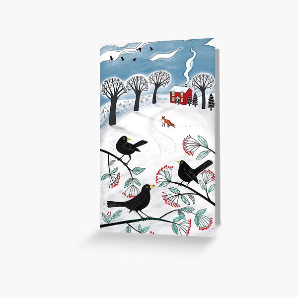 Blackbirds in the Snow - Winter landscape by Cecca Designs Greeting Card