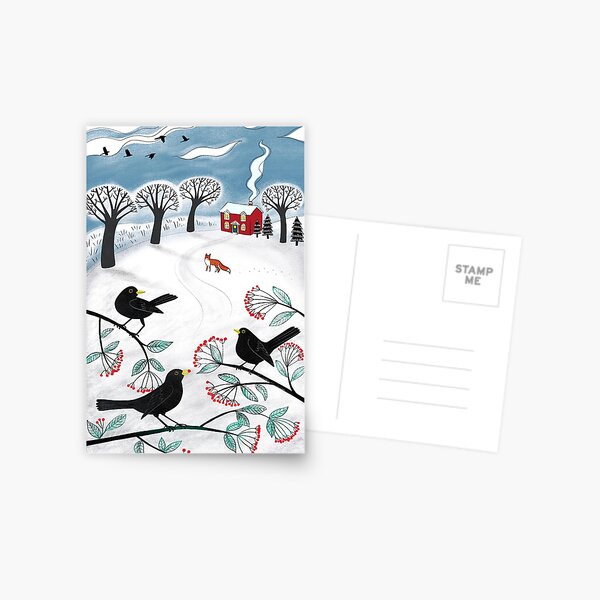 Blackbirds in the Snow - Winter landscape by Cecca Designs Postcard
