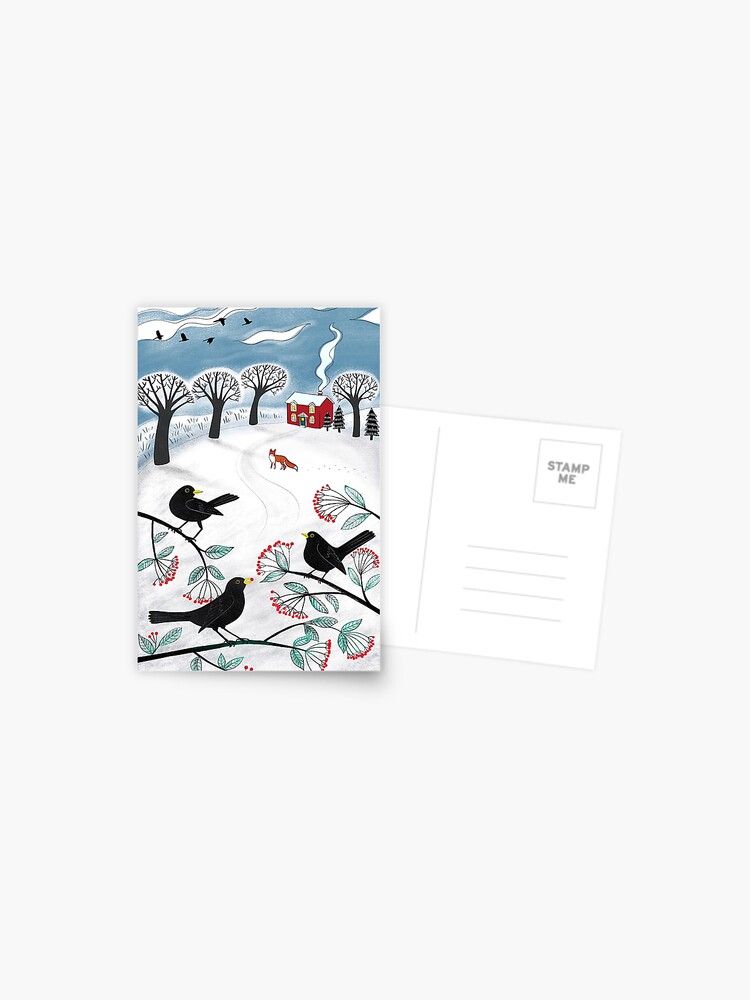 Thumbnail 1 of 2, Postcard, Blackbirds in the Snow - Winter landscape by Cecca Designs designed and sold by Cecca-Designs.