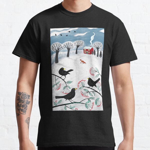 Blackbirds in the Snow - Winter landscape by Cecca Designs Classic T-Shirt