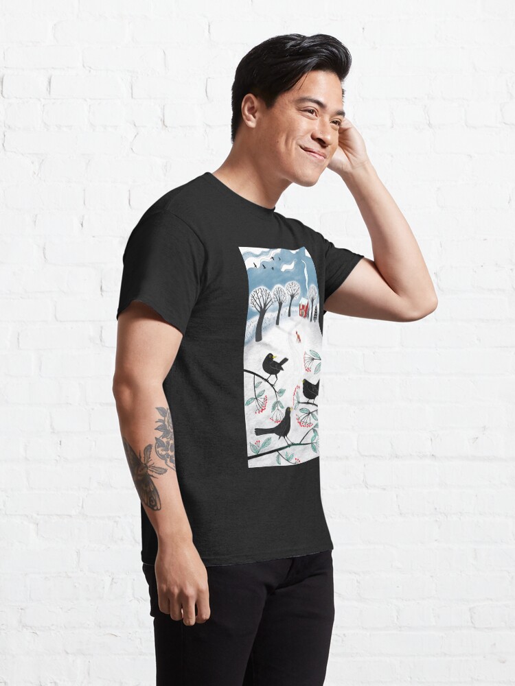 Alternate view of Blackbirds in the Snow - Winter landscape by Cecca Designs Classic T-Shirt