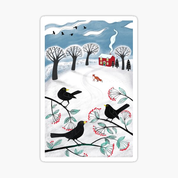 Blackbirds in the Snow - Winter landscape by Cecca Designs Sticker