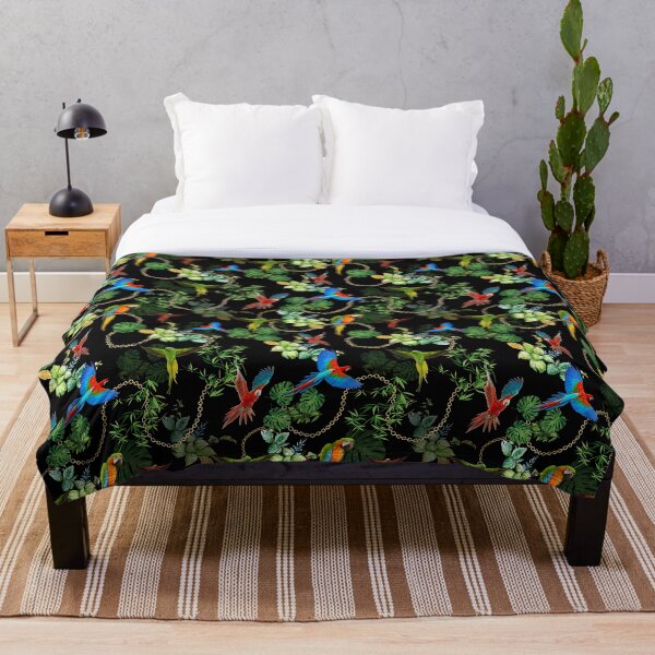 Parrots with gold chains and tropic leaves Throw Blanket