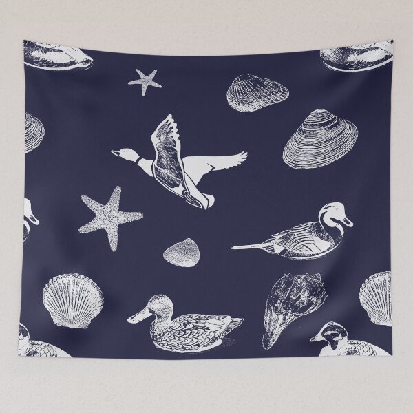 Item preview, White Shells and Ducks Pattern in Navy Blue and White designed and sold by DeAnna Hickman.